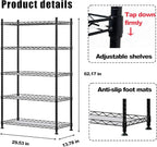 5 Shelf Organizer Storage Rack Adjustable Metal Shelf for Garage Kitchen Bathroom Heavy Duty Shelves Units with Non-Slip Foot Mats Black 29.53” L x 13.78” W x 62.17” H (Black, 5 Shelf with Foot Mats)