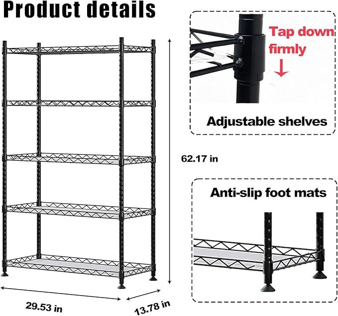 5 Shelf Organizer Storage Rack Adjustable Metal Shelf for Garage Kitchen Bathroom Heavy Duty Shelves Units with Non-Slip Foot Mats Black 29.53” L x 13.78” W x 62.17” H (Black, 5 Shelf with Foot Mats)