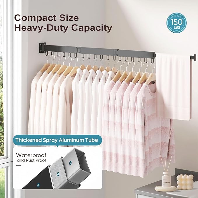 JAUREE Clothes Drying Rack Wall Mounted, Laundry Drying Rack Collapsible, Space Saving Wall Drying Rack Clothing Foldable, Tri-Fold Retractable Rack Outdoor Indoor with 18 Hooks, Black