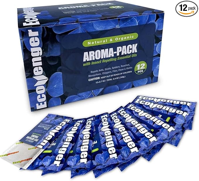 EcoVenger Pest Control Aroma Sachets 12-PK, Sachet Bags for Natural Insect Repellent, Moths, Mosquitoes, Roaches, Centipede, Spiders, Mice, Peppermint/Cedar/Lemongrass, 100% Natural, Child & Pet Safe