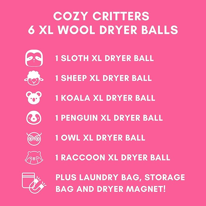 6-Pack XL Organic Wool Dryer Balls - 100% New Zealand Wool, Reuse for 1000 Loads, Fair Trade, Handmade in Nepal, Dryer Balls Laundry Reusable, Critters Dryer Ball Set, Mesh Laundry Bag