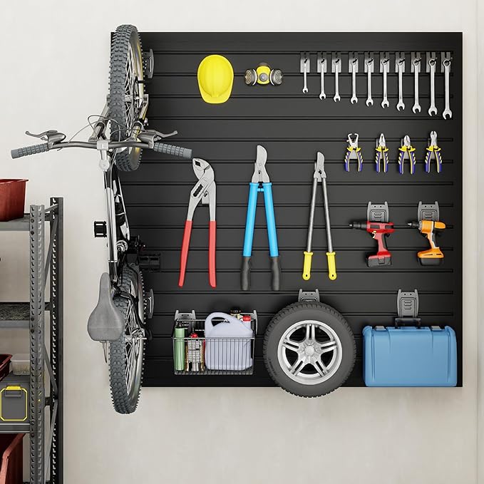 DoCred Slatwall Paneling Organizer, 4x4 FT PVC Garage Slat Wall Storage Systems, Heavy Duty Mounted Slat Peg Board for Tool Organization Ladder Bike Rack (Black)