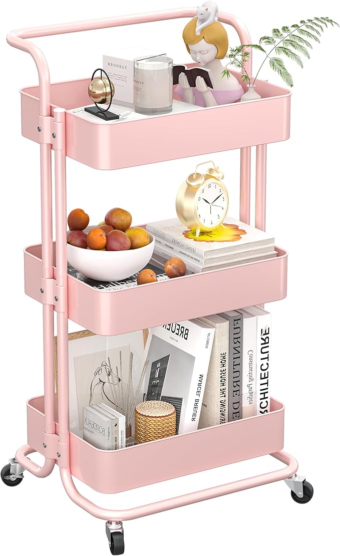 Metal Rolling Storage Cart, 3-Tier Utility Cart with Wheels, Multifunctional Organizer Storage for Kitchen, Bedroom, Office, Laundry Room, Dorm Room Essentials (Pink)