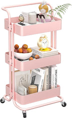 Metal Rolling Storage Cart, 3-Tier Utility Cart with Wheels, Multifunctional Organizer Storage for Kitchen, Bedroom, Office, Laundry Room, Dorm Room Essentials (Pink)