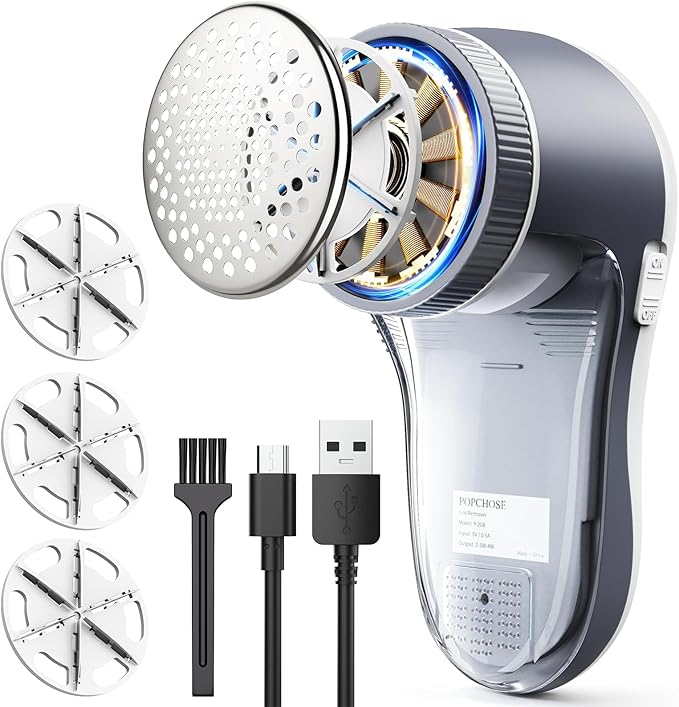 POPCHOSE Fabric Shaver, Lint Remover for Clothes, Electric Lint Shaver with 6-leaf Blades, Sweater Shavers to Remove Pilling for Clothing, Couch, Furniture, Fuzz, Lint Ball, Pillings, USB Rechargeable