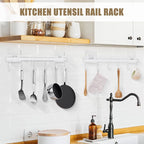 Kitchen Utensil Hanger, Adhesive Utensil Holder Wall Mount Kitchen Rack Rail with 12 Hooks, Space Saving and No Drilling, White, 2 Pcs