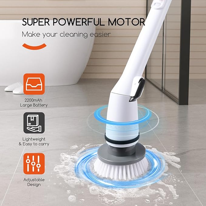 Cordless Electric Spin Scrubber,380RPM High Speed Rotation,Fast Charging-Long Lasting,Power Scrubber with 3 Replaceable Scrubbing Brush Heads for Cleaning Bathroom Bathtubs, Tile Gaps, Mirrors