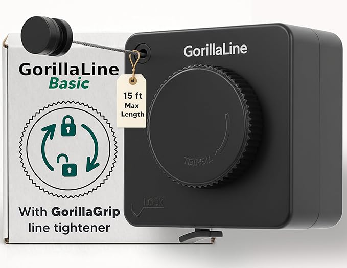 GorillaLine Basic - Retractable Clothesline Indoor Outdoor Clothes Line - Heavy Duty Clothes Drying Laundry Line - Wall Mounted Drying Rack - Air Dry Clothing - 15ft line Max Tighten with GorillaGrip