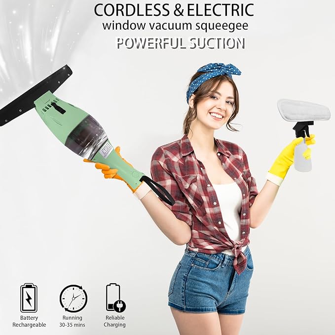Rechargeable Window Vac, Window Vacuum Squeegee, Cordless Window Vacuum Cleaner Set, Electric Cleaning Tool for Windows, Tiles, Mirrors, Visual Water Tank
