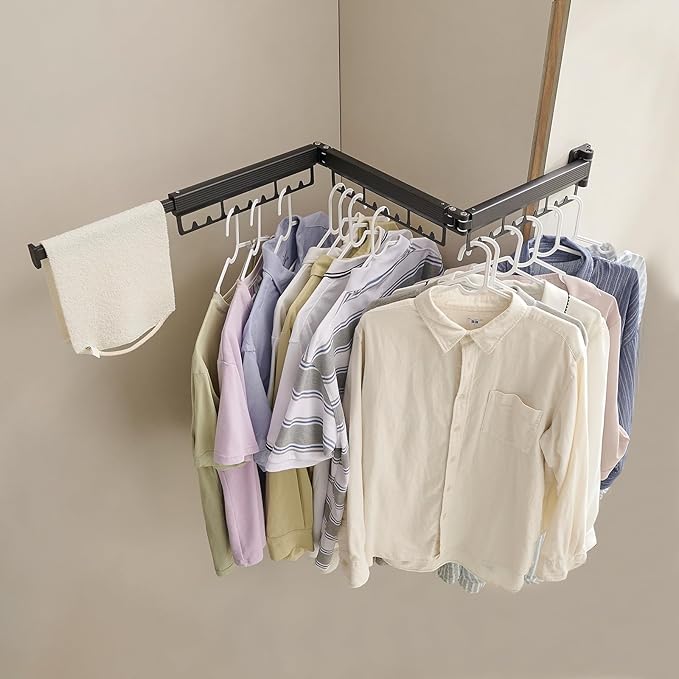 Drying Rack Clothing, Clothes Drying Rack Suitable for Laundry Room and Indoor as Outdoor, with Foldable Features, Wall Mounted Drying Rack, Retractable Clothesline with 30 Windproof Hooks (Black)