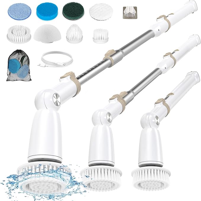 DIAFIELD Electric Spin Scrubber, Cordless Cleaning Brush with 8 Replaceable Brush Heads and Detachable & Adjustable Extension Handle, Dual Speed Shower Scrubber for Cleaning Shower, Tile, Wall, Floor