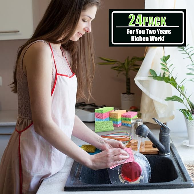 Compressed Cellulose Kitchen Sponges 24Pack,Non-Scratch Biodegradable Natural Sponge Scrub for Dishes Cleaning,Funny Colorful DIY Sponge for Kids