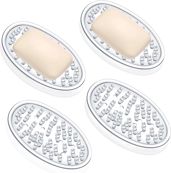 Plastic Soap Holder Soap Dish Bar Saver Tray with Holes Soap Sponge Holder for Kitchen Bathroom Shower Counter, 4.5 x 3 x 0.7 Inches (Clear,4 Pcs)