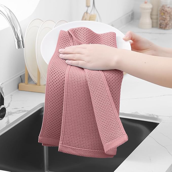 Homaxy 100% Cotton Waffle Weave Kitchen Dish Towels, Ultra Soft Absorbent Quick Drying Cleaning Towel, 13 x 28 Inches, 4-Pack, Dried Rose