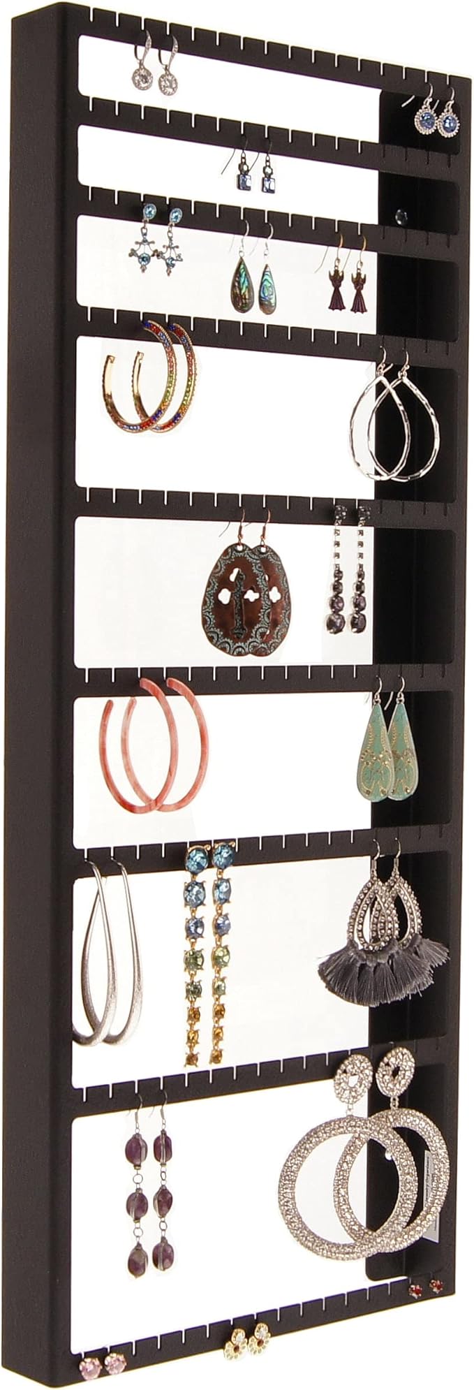 Angelynn's Wall Mounted Big and Small Earring Holder Organizer Display Women Long Post Stud Large Dangle Hoop Pierced Earrings, Hanging Closet Jewelry Storage Rack, Mary New Darker Black 9"x23"
