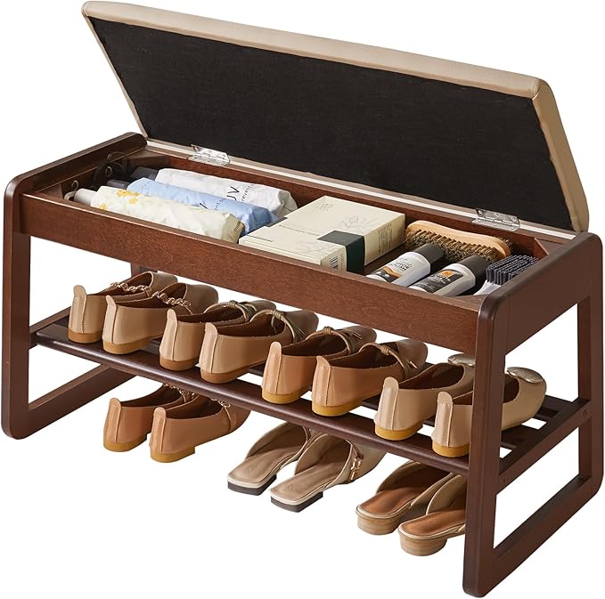 Solid Wood Shoe Bench with Cushion, 2 Tiers Wood Shoe Bench with Flip-Top Storage, 31.5in Shoe Rack for Entryway, Hallway, Walnut Color YD-WD061B