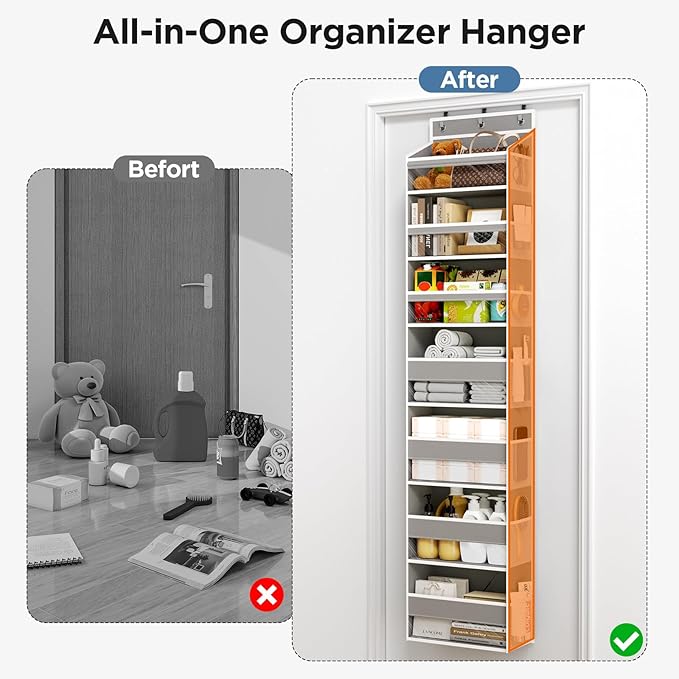 Over The Door Organizer, 7 Tier Door Hanging Organizers with 7 Large Pockets 12 Side Pockets, Behind Door Storage Hanging Shelves for Closet Bathroom Bedroom Nursery