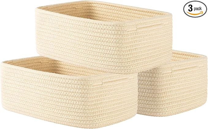 Small Woven Basket, 12 x 8 x 4.5 Inches, Storage Basket for Organizing, Cute Small Rope Shelf Closet Cube Storage Bins Baskets for Shelves, Dog Toy Gift Baskets Empty, 3 Packs, Beige