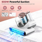 DEVINC Mattress Vacuum Cleaner, 16Kpa 650W Bed Vacuum Cleaner with 245nm UV-C Light& Ultrasonic, 140°F Heat, HEPA Filter, Versatile Handheld Vacuums for Bed, Sofa, Couch, Crib, Beige Corded