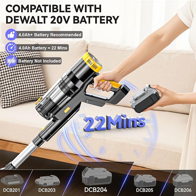 350W 40KPa Cordless Vacuum Cleaner Compatible with DeWalt 20V Battery (No Battery), 6-in-1 Self-Standing Stick Vacuum, 3 Models, Dual Dust Cup, LED Display & 180° Bendable Wand