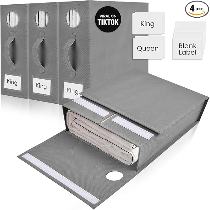 4 Pack Bed Sheet Organizer and Storage, Foldable Storage Bed Sheet Organizer for Linen Closet with Viewing Window & Label for Bedding Sheets & Blankets (Queen & King Size) Gray