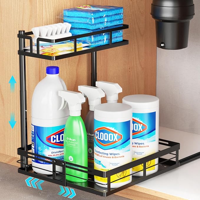 iSPECLE Kitchen Under Sink Organizer - 2 Tier Pull Out Organizer Expandable Width Add More Space, Adjustable Height Easy Get Items Without Bending, No Drilling Required Under Sink Storage