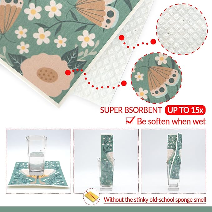 6 - Pack Swedish Kitchen Dish Cloths - Reusable Paper Towels for Counters & Dishes - Eco Friendly Cellulose Sponge Cloth - Assorted (Butterfly)