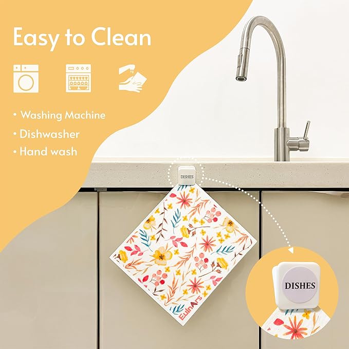 Swedish Dishcloths for Kitchen, 8 Pack Watercolor Reusable Paper Towels with Clips, Non-Scratch Swedish Kitchen Towels, Super Absorbent Cellulose Sponge Cloths, Dishwasher Safe, No Odor