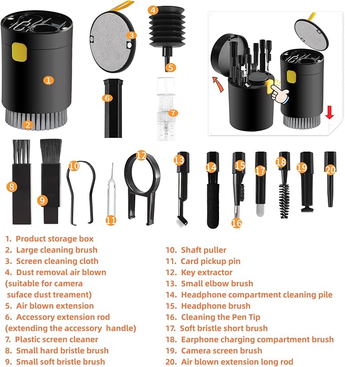 20-in-1 Laptop Phone Screen Earbud Cleaning Kit, Keyboard Cleaner Kit, Keyboard Cleaning Kit with Electronic Cleaning Brush Spray for Airpods Pro, iPad, iPhone Pro, Camera, Computer Cleaning (Black)