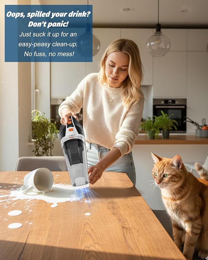 BRL Handheld Vacuum Cordless Car Vacuum Cleaner Rechargeable with LED, Hand Vacuum Lightweight, High Power Suction, Hand Held Vacuum Washable Filter and Multi-Nozzles for Car, Home Office, Pets