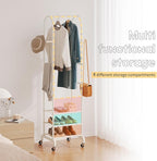Garment Rack with Wheels,Small Metal Coat Rack With 4 Hooks,Freestanding Heavy Duty Clothing Rack with Shoe Shelves,Hanging Rod for Small Space,Bedroom,Entryway, Office, Living Room (White)