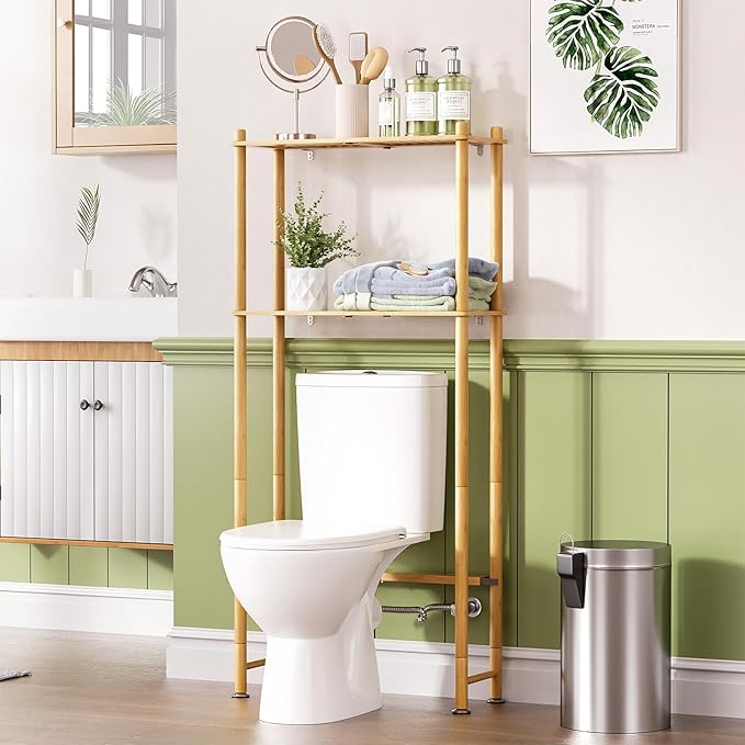 AmazerBath Bamboo Over The Toilet Storage Shelf, 2-Tier Over Toilet Organizer Rack, Freestanding Above Toilet Shelf for Bathroom, Laundry, Space Saver, Natural Color