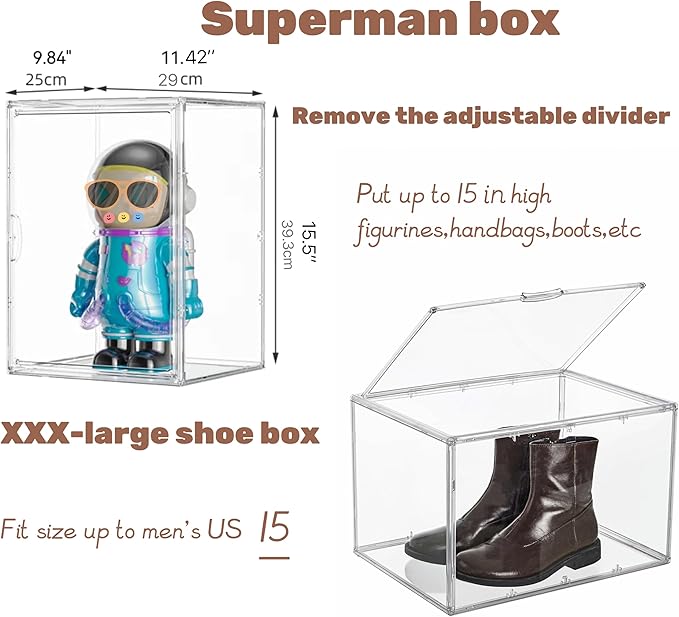 XXX-Large Clear Acrylic Display Case Boot Shoe Storage Boxes With An Adjustable Divider,2 Pack 2 Tiers Clear Plastic Stackable Storage Bins With Lids Big Display Acrylic Box With Magnetic Door