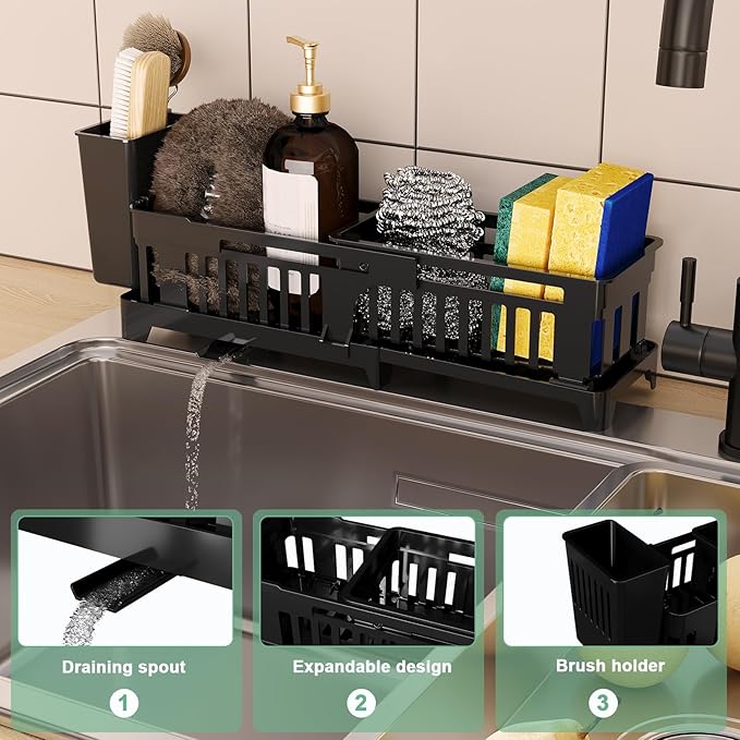 Extra Large Sponge Holder for Kitchen, Extendable Sink Caddy with High Brush Holder, Sink Caddy Organizer Rack for Sponge, Soap, Dish Brush, Scrubber, Kitchen Accessories for Organization