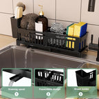 Extra Large Sponge Holder for Kitchen, Extendable Sink Caddy with High Brush Holder, Sink Caddy Organizer Rack for Sponge, Soap, Dish Brush, Scrubber, Kitchen Accessories for Organization