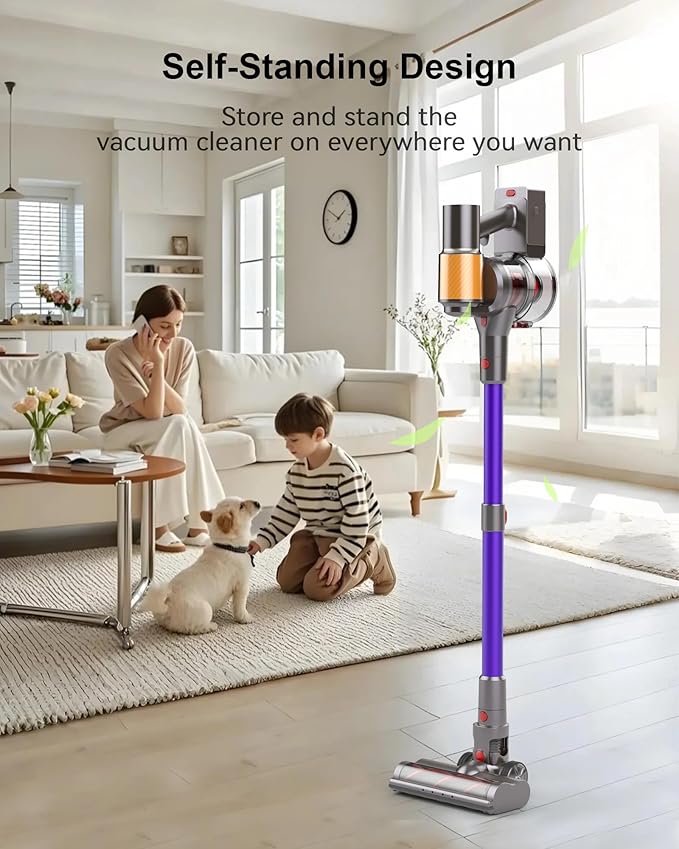 Cordless Vacuum Cleaner, 2 Batteries 120 Mins Runtime 45Kpa 550W, Stick Vacuum with Anti-Tangle Design, Self-Standing, Vacuum Cleaners for Home, Hardwood Floor, Carpet, Pet Hair