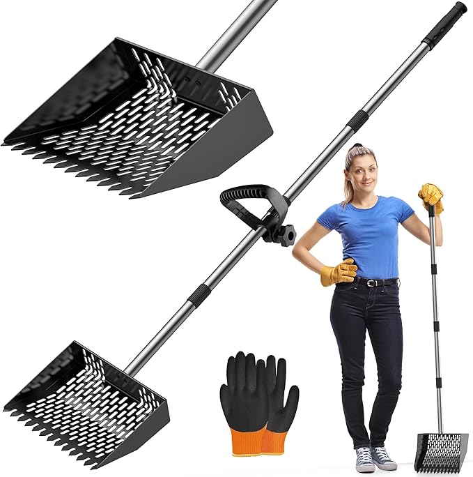 Chicken Poop Scooper with Ergonomic Grip, 4 in 1 Adjustable Chicken Coop Pooper Shovel (24 to 70"), Sifting Litter Shovel Scoop for Chicken Coop/Goat Stall/Stable Cleaning
