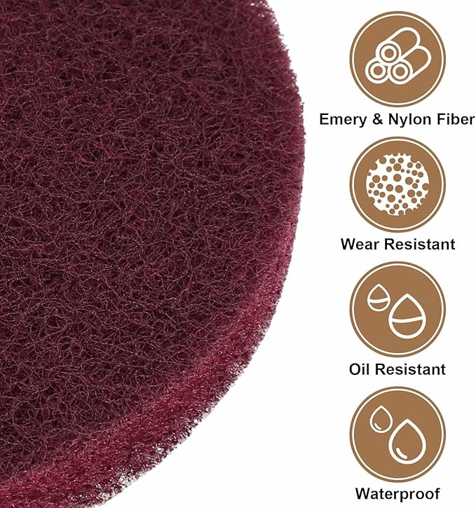 HARFINGTON 6pcs Scrubber Scouring Pads 400 Grits 2 Inch Drill Power Brush Hoop and Loop Surface Conditioning Disc Drill Scuffing Disc Scrub Pads for Home Kitchen Cleaning, Red