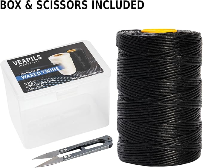 9-Ply Black String Waxed Twine, 660 Feet per Roll Heavy Duty Twine String, Black Cable Tie Down Wax Lacing Cord for Indoor or Outdoor Use,Thick Black Twine Wax String with 160 LBS Tensile Strength (1)