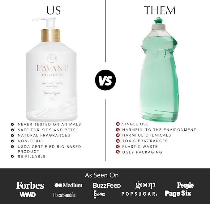 L'AVANT Collective High Performing Dish Soap | Plant-Based Ingredients & High Performing Formula | Notes of Bergamot, Orange Blossom, Amber, Cedar Reusable Glass Bottle Blushed Bergamot Scent |16oz