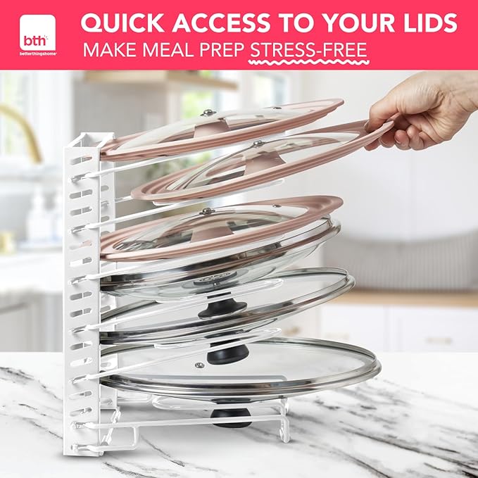 BTH Adjustable Pot Lid Organizer for Cabinet - Kitchen Storage Rack 6 Adjustable Shelves, Pot Lid Holder, Pan and Pot Rack Organizer, Pantry & Inside Cabinet Organizer (13” Clearance)