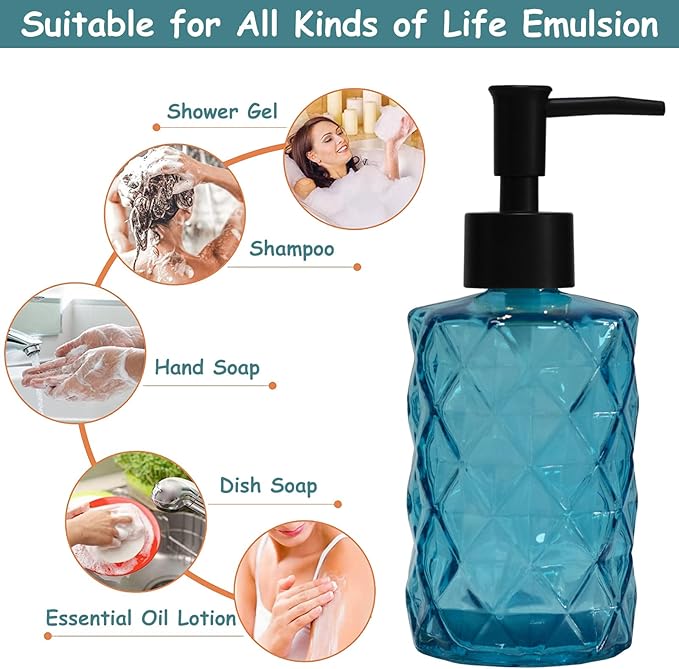 Blue Glass Soap Dispenser with Black Plastic Pump, 12oz Refillable Liquid Hand Soap Dispenser, Crystal Lotion Bottle for Modern Home Decor, Bathroom, Kitchen Countertop, Hotel