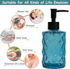 Blue Glass Soap Dispenser with Black Plastic Pump, 12oz Refillable Liquid Hand Soap Dispenser, Crystal Lotion Bottle for Modern Home Decor, Bathroom, Kitchen Countertop, Hotel