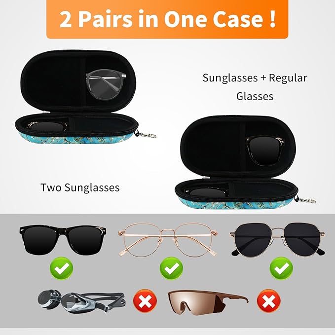 Double Eyeglasses Case, Hard Shell Dual Sunglasses Organizer with Zipper Clip Travel Glasses Storage for Women Men