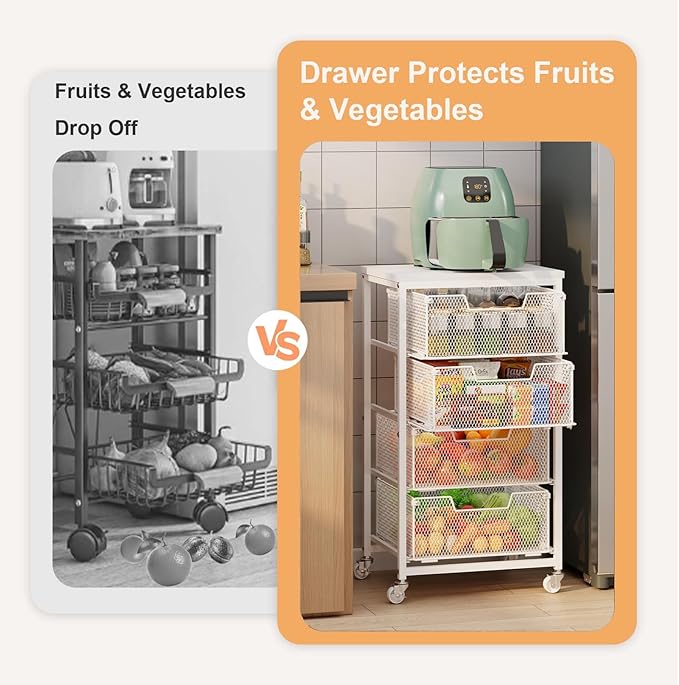 4-Tier Kitchen Storage Cart - Fruit Vegetable Storage Cart with Drawers, Wooden Top Metal Wire Kitchen Organizer and Storage Cart with Wheels to Storage Onions Potatoes Cans Snacks for Kitchen