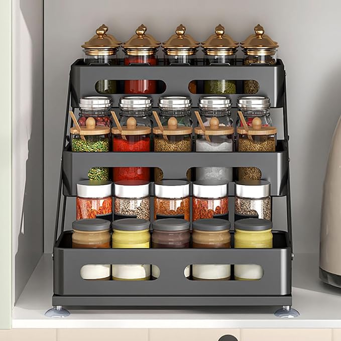 3 Tier Foldable Spice Rack for Countertop Iron Kitchen Seasoning Organizer for Cabinet, Black