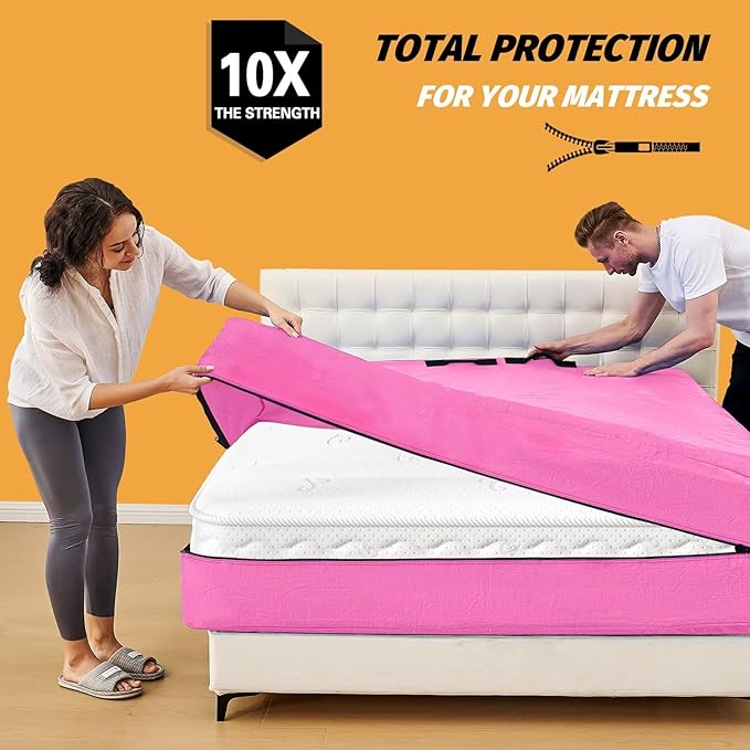 Mattress Bags for Moving, BETU Mattress Protector Waterproof Mattress Cover Queen Size Storage Bags with 8 Heavy-Duty Handles and Zipper for Bed Extra Thick Large Reusable (82"x62"x15" Pink)