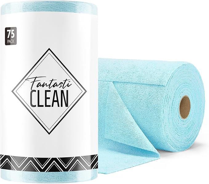 Fantasticlean Microfiber Cleaning Cloth Roll -75 Pack, Tear Away Microfiber Towels, 12" x 12", Reusable, Washable, Scratch Free, Ultra Absorbent Dishcloth for Home Supplies, Car, Pet, Kitchen (Blue)