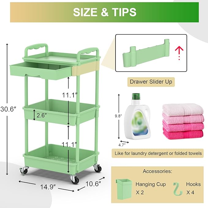 Goovilla 3 Tier Rolling Utility Cart Organizer with Removable Drawer, Stable and Sturdy Green Rolling Storage Carts with 2 Lockable Wheels for Bathroom, Kitchen, Snack, Craft, Makeup, Baby Essentials