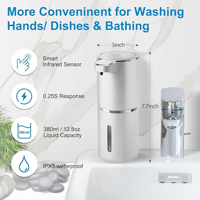 Automatic Foaming Soap Dispenser,4-Level Adjustable Foam, Wall Mount, USB Rechargeable,12.8oz/ 380ml,Touchless Hand & Dish Soap Dispenser for Bathroom, Kitchen,Hotel, Restaurant